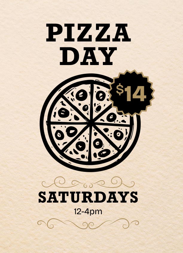 Pizza Day — $14 pizzas at Elwood Tavern, Saturdays from 12–4pm.